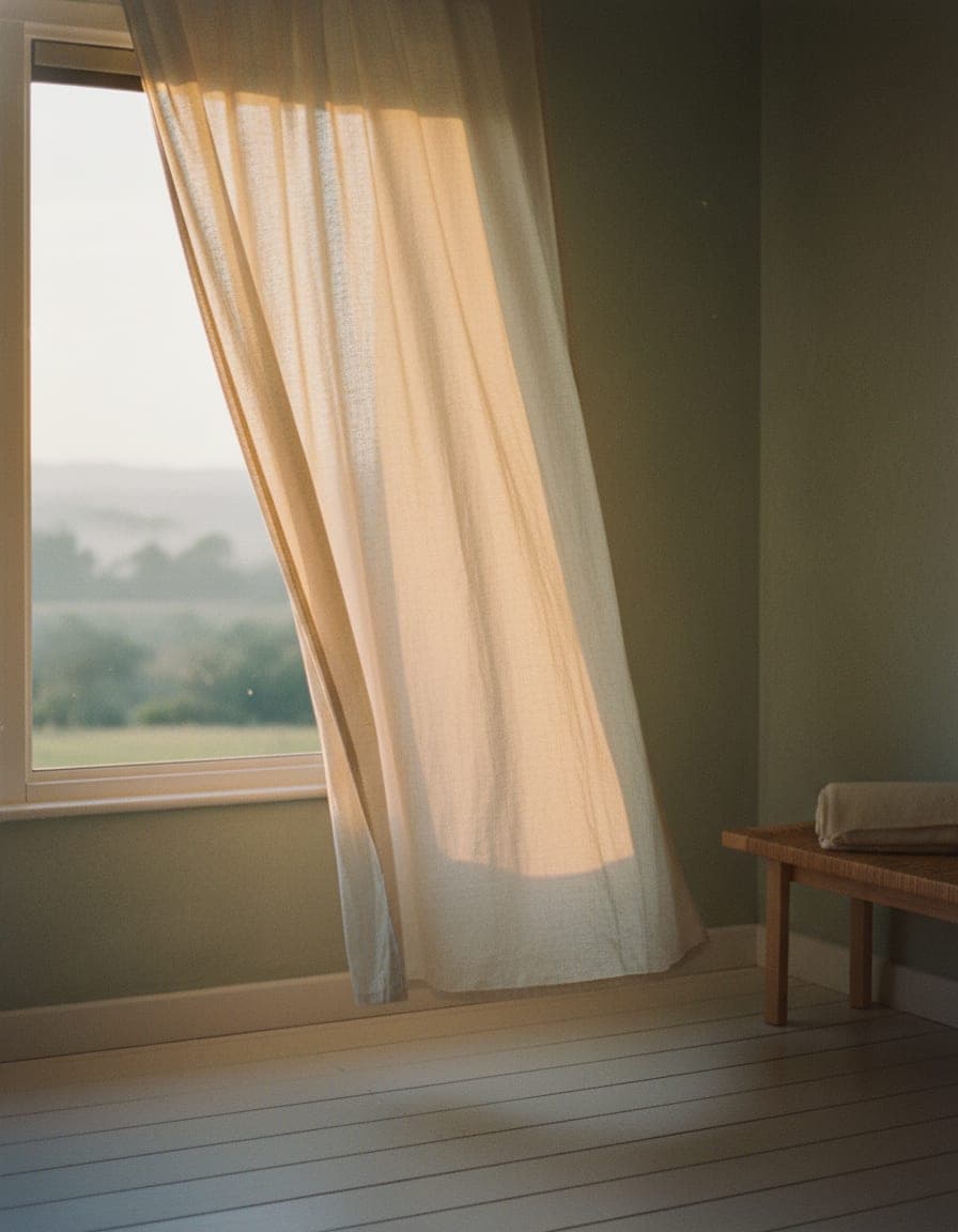 A sheer curtain glowing in soft dawn light at an open window