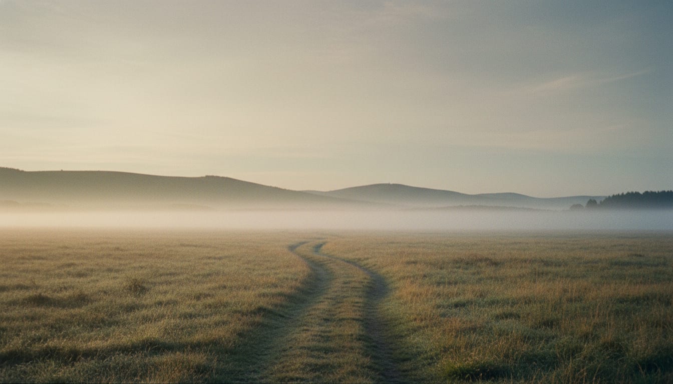 A misty meadow path opening toward soft morning light